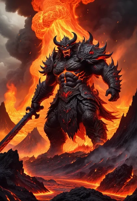 A heavily armed warrior descended from the sky,Doomsday landscape,Large-scale volcanic eruption,Flame sputtering,Lava,eruptive,A demon's face emerged from the smoke,Nuclear barrage,detergent,hydrosphere,(Implications:1.0)、Epic creation、Realistic lighti...