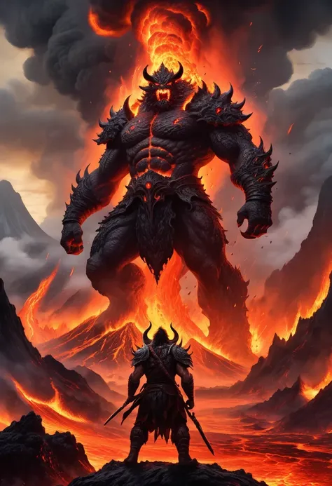 A heavily armed warrior descended from the sky,Doomsday landscape,Large-scale volcanic eruption,Flame sputtering,Lava,eruptive,A demon's face emerged from the smoke,Nuclear barrage,detergent,hydrosphere,(Implications:1.0)、Epic creation、Realistic lighti...