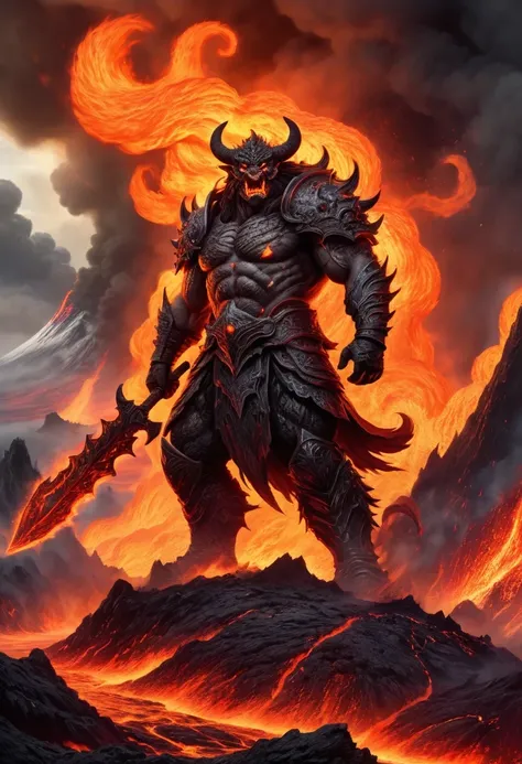 A heavily armed warrior descended from the sky,Doomsday landscape,Large-scale volcanic eruption,Flame sputtering,Lava,eruptive,A demon's face emerged from the smoke,Nuclear barrage,detergent,hydrosphere,(Implications:1.0)、Epic creation、Realistic lighti...