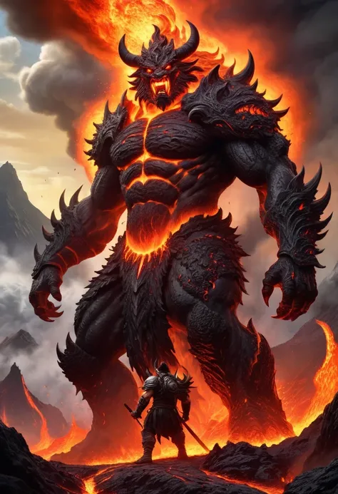 A heavily armed warrior descended from the sky,Doomsday landscape,Large-scale volcanic eruption,Flame sputtering,Lava,eruptive,A demon's face emerged from the smoke,Nuclear barrage,detergent,hydrosphere,(Implications:1.0)、Epic creation、Realistic lighti...
