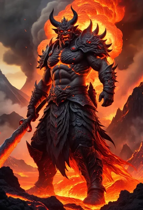 A heavily armed warrior descended from the sky,Doomsday landscape,Large-scale volcanic eruption,Flame sputtering,Lava,eruptive,A demon's face emerged from the smoke,Nuclear barrage,detergent,hydrosphere,(Implications:1.0)、Epic creation、Realistic lighti...