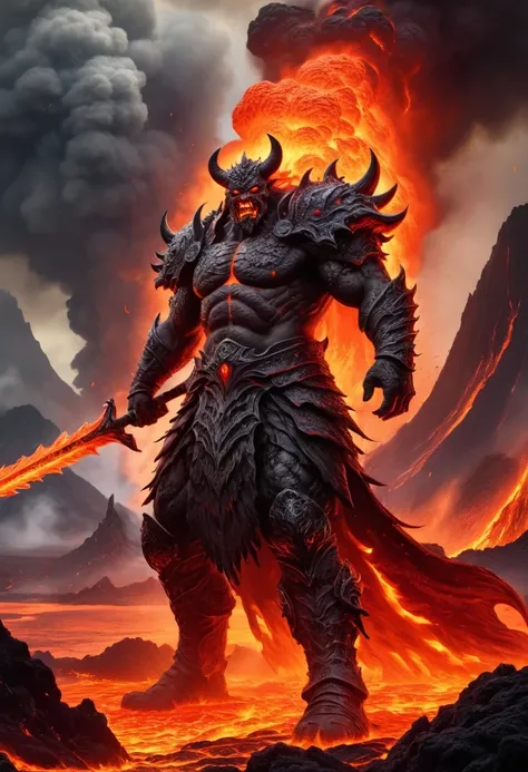 A heavily armed warrior descended from the sky,Doomsday landscape,Large-scale volcanic eruption,Flame sputtering,Lava,eruptive,A demon's face emerged from the smoke,Nuclear barrage,detergent,hydrosphere,(Implications:1.0)、Epic creation、Realistic lighti...