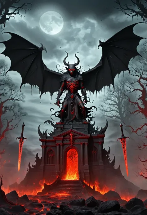 Lava Hell,Dark Lava Overlord,Nether lava mobs,masterpiece:1.2,Super detailed,Gothic art,Gloomy atmosphere,Ominous red and black color scheme,Majestic throne,flying bats,Mark of the Lava Demon,Beautiful forest,crimson fire,Ominous eyes pierce the darkness,S...