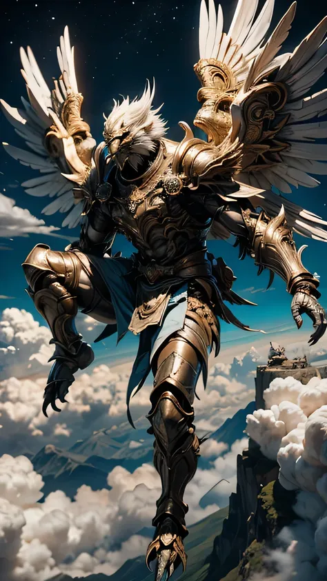 garuda, (bird head:1.3), very hairy body, huge body, (bird talons:1.2), luxurious armor, dynamic pose, cinematic lighting effect...