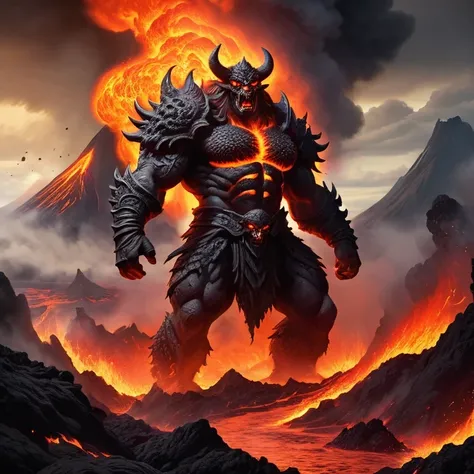 A heavily armed warrior descended from the sky,Doomsday landscape,Large-scale volcanic eruption,Flame sputtering,Lava,eruptive,A demon's face emerged from the smoke,Nuclear barrage,detergent,hydrosphere,(Implications:1.0)、Epic creation、Realistic lighti...