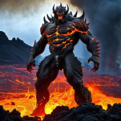 a heavily armed warrior descended from the sky，doomsday landscape，large-scale volcanic eruption，flame sputtering，lava，eruptive，a...