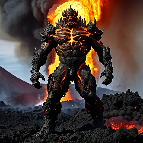 a heavily armed warrior descended from the sky，doomsday landscape，large-scale volcanic eruption，flame sputtering，lava，eruptive，a...