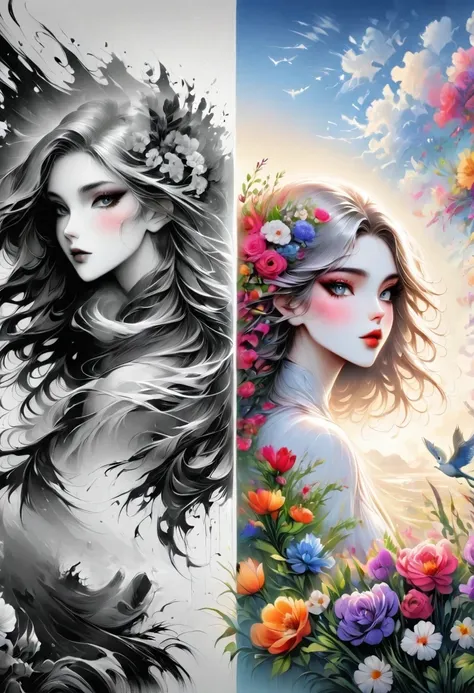 Megan Hess Artist,1 Girl,The artwork should transition from a pencil drawing style in black and white on the left half to vibrant colors on the right half, Ensure a seamless integration between the two halves without any dividing line, The scene is identic...