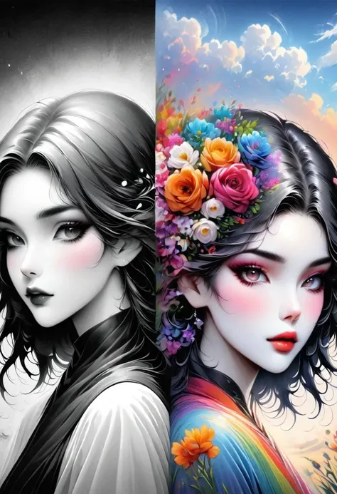 Megan Hess Artist,1 Girl,The artwork should transition from a pencil drawing style in black and white on the left half to vibrant colors on the right half, Ensure a seamless integration between the two halves without any dividing line, The scene is identic...
