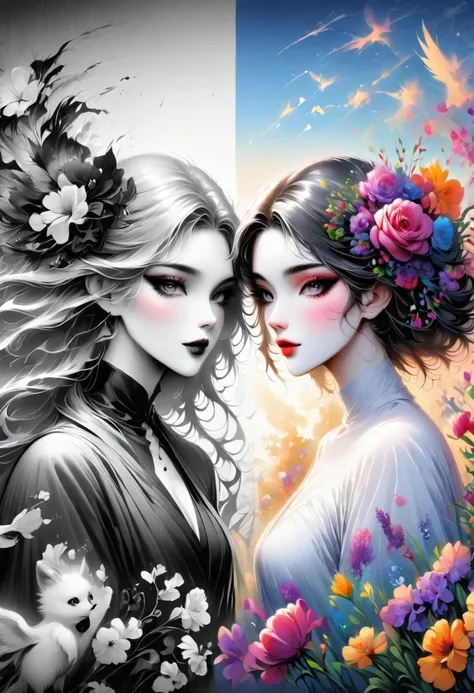 Megan Hess Artist,1 Girl,The artwork should transition from a pencil drawing style in black and white on the left half to vibrant colors on the right half, Ensure a seamless integration between the two halves without any dividing line, The scene is identic...