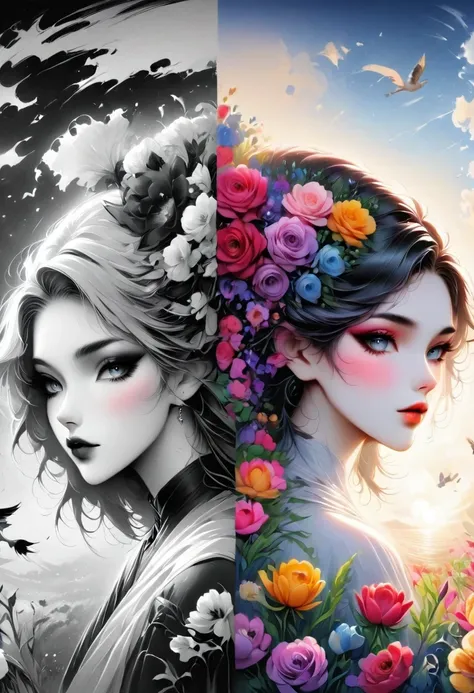 Megan Hess Artist,1 Girl,The artwork should transition from a pencil drawing style in black and white on the left half to vibrant colors on the right half, Ensure a seamless integration between the two halves without any dividing line, The scene is identic...