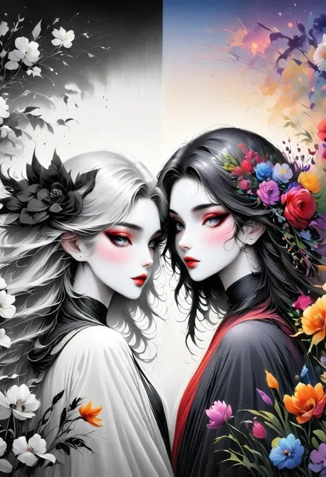 Megan Hess Artist,1 Girl,The artwork should transition from a pencil drawing style in black and white on the left half to vibrant colors on the right half, Ensure a seamless integration between the two halves without any dividing line, The scene is identic...