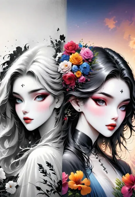 Megan Hess Artist,1 Girl,The artwork should transition from a pencil drawing style in black and white on the left half to vibrant colors on the right half, Ensure a seamless integration between the two halves without any dividing line, The scene is identic...