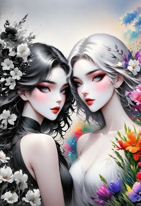 Megan Hess Artist,1 Girl,The artwork should transition from a pencil drawing style in black and white on the left half to vibrant colors on the right half, Ensure a seamless integration between the two halves without any dividing line, The scene is identic...