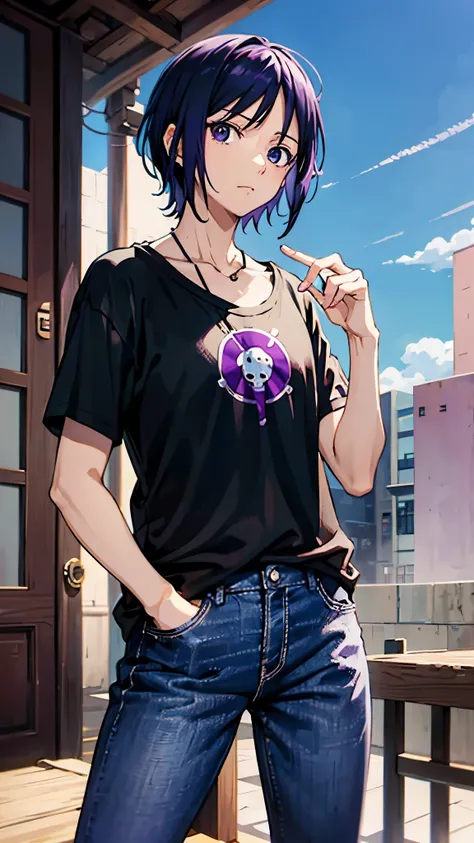 One Piece-style anime illustration、Only one man、40 years old、Black、Purple T-shirt and jeans、Suspicious eyes、Purple Hair（Lilac mesh）、short hair、The background is a dim bar、