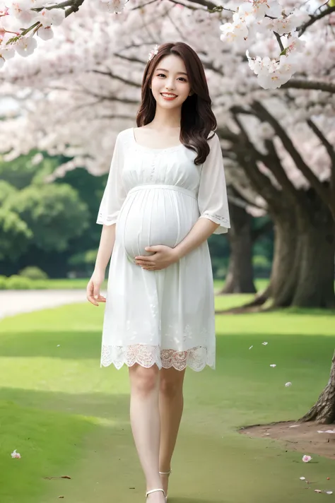 (highest quality、masterpiece、8k、Best image quality、Award-winning works)、1 female、Walk in the park、(pregnancy:1.1)、(alone:1.1)、(1 photo:1.1)、Elegant maternity wear、See-through maternity wear、Lace ornament、Perfect Makeup、thin、The biggest smile is looking at ...