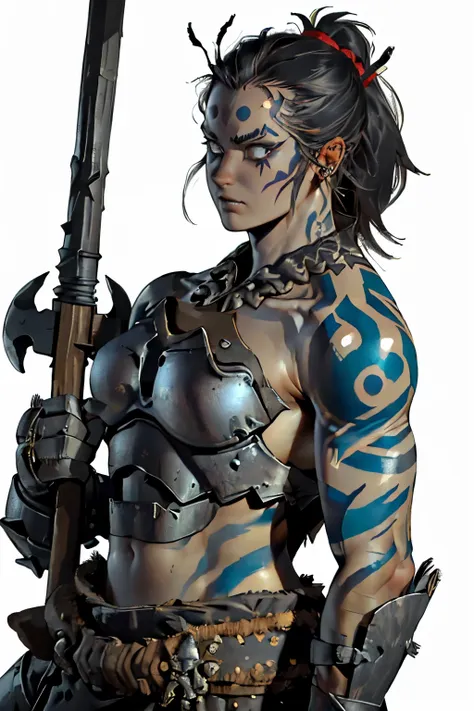 girl, (((grey skin))), looking at the camera, large shoulder, ((((white tatoo)))), showing shoulders, (((wearing insect armor, w...