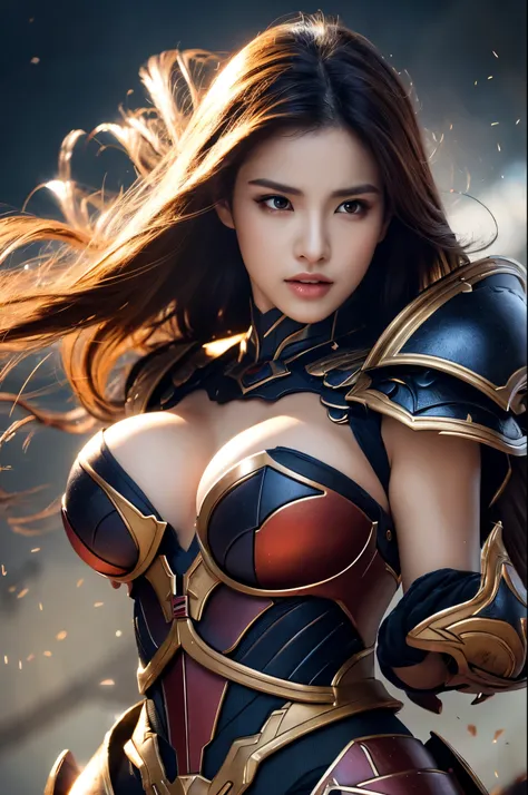 8K,(Female ghost)、悪魔のMakeup、Super Beauty(Like the real thing)、Sexy Red Chest Armor,Adult demon woman、Just like the whole body、(Equipped with a long and large spear)、Ghost of a mature big woman。Strong jaw(Like the real thing)、Stand facing forward、Devil horn...