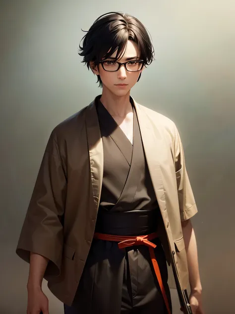 (masterpiece, highest quality, highest quality, Official Art, beautifully、aesthetic:1.2),One Man,Adult,samurai,Short blue hair,Thin black square glasses,fullbody、Brown eyes,simple background,hold katana