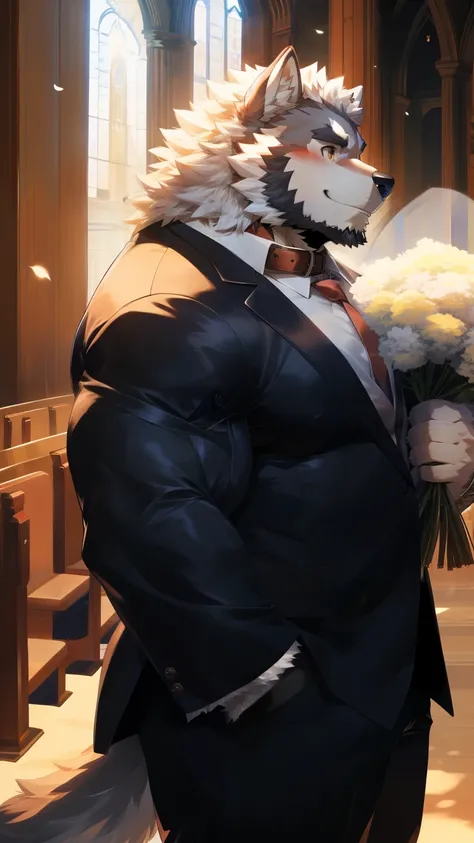 Solitary, anthropology, hairy, hairy male, Wolf, ((Fluffy fur, Fluffy, hairy body)), (Wolf印), (short beard), youth, Gray body, muscular, White, Big muscles, Golden pupils, Tail, deTailed teeth, deTailed face, Fundos, bridegroom, (Black suit suit), (The col...