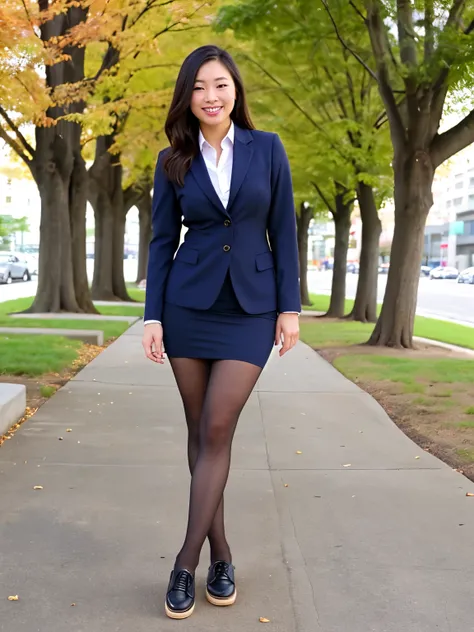 Show entire body, feet in view, a gorgeous Asian female, dressed in professional attire, pantyhose, canvas shoes, outside, daytime, smiling