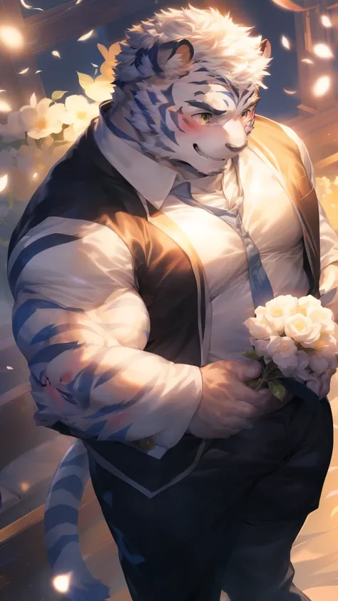 (through empty ghost, From thebigslick, through dark gems, Will chase), Keyuan Tower (Onmyoji Daisenji Temple), High quality photos, Perfect anatomical structure, Anthropomorphic white tiger, Men, 26 years old, thick eyebrows, (short hair:1.5), Light blue ...