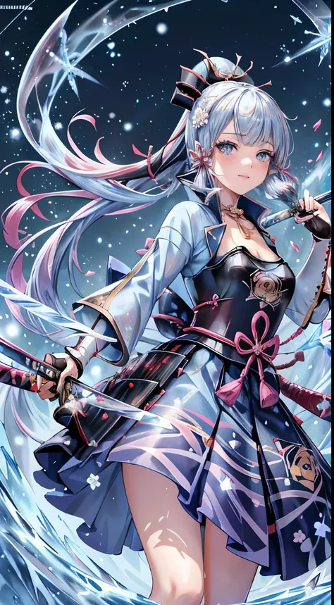 kamisatoayakadef,1 Anime Girl, Warrior, Realistic people,Realistic, beautiful, smile, elegant, Majestic, Splash Art, Particles of light, Diamond Blade, (Cold Energy, Cold Blast, cold water: 1.4) Dynamic pose, ((Japanese Sword,Grab your sword))((Holding the...