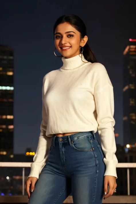 Highres close up photo of a woman, ultimate photorealism, rkps,  wearing jeans and white turtleneck, night time, ornate Indian jewelry, smiling, cinematic lighting, background of city lights in beautiful bokeh  