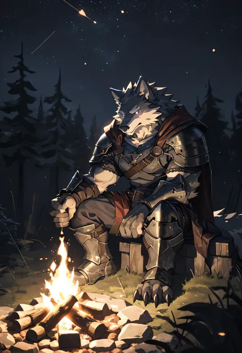 solo, kemono, (wolf), anthro, male, ((black body)),  tail, muscles, handsome, armor, medieval, fantasy, outdoors, outside, dark, night, forest, campfire, camp, stars, sitting, toe claws, epic, depth of field, perfect lighting, (light particles),(best quali...