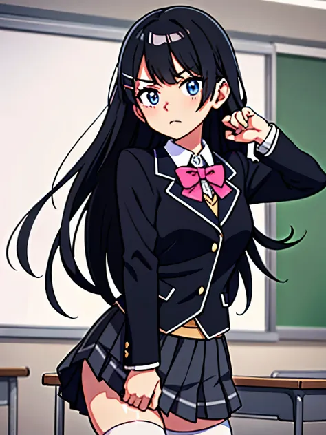 best quality, masterpiece, tsukino mito, long hair, black hair, blazer, black jacket, hairclip, hair ornament, white thighhighs,...