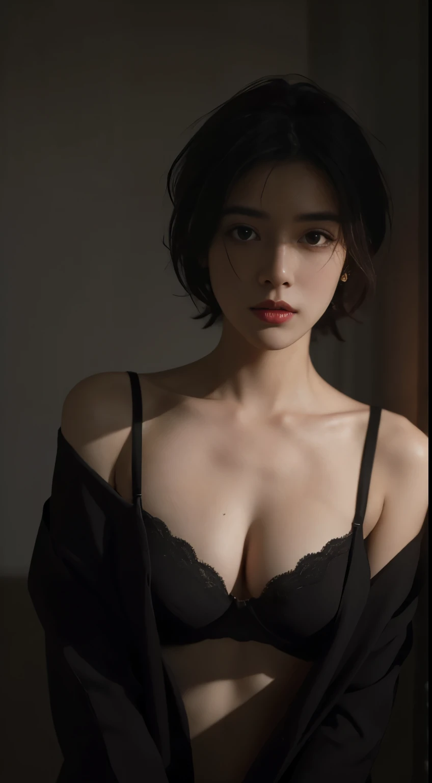 Best quality, masterpiece, ultra high res, (photorealistic:1.5), raw photo, 1girl, offshoulder, in the dark, deep shadow, low key, cold light, sexy look, short hair, underwear