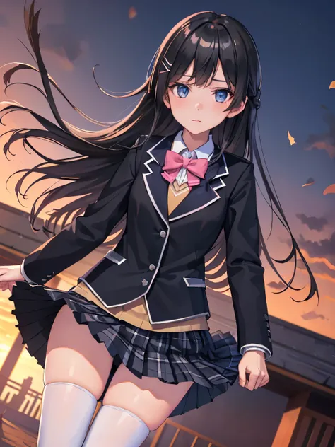 best quality, masterpiece, (dutch angle:1.4), embarrassed, tsukino mito, long hair, black hair, blazer, black jacket, hairclip, hair ornament, white thighhighs, bangs, pleated skirt, pink bow, long sleeves, collared shirt, white shirt, blue eyes, plaid ski...