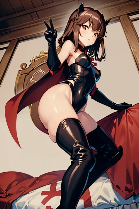 Taeko Kondo、Girls&Panzer、Brown Hair、Short Hair、((Thigh-high boots))、Photo from below、Medium chest、Bedroom、(Doronjo)、Red ribbon、Black gloves、leotard、Cape、Seductive pose