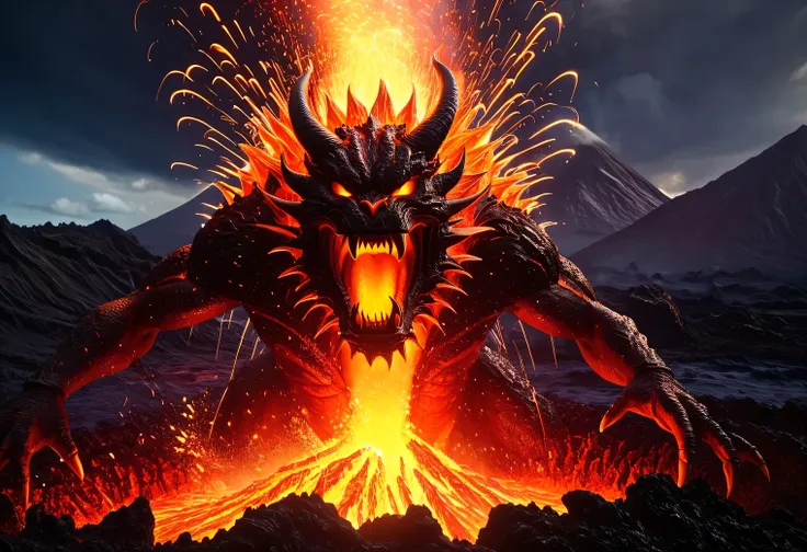 a huge lava demon bursts out of the mouth of a flaming volcano bursting a volcano, a lava demon bursting out of a volcano throws...