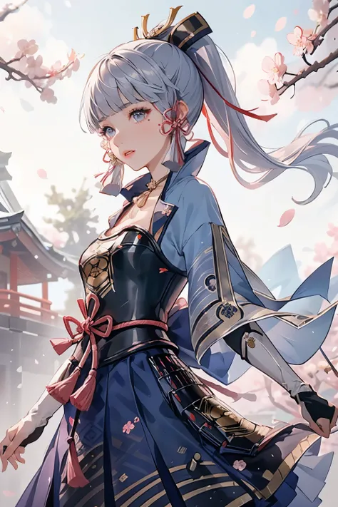 masterpiece, highest quality, ((kamisato ayaka_Genshin Impact)),((1girl,long hair,blue hair,ponytail,hair ribbon, hair ornament,mole under eye, blue eyes,breastplate,armor, short sleeves,japanese clothes,blue skirt, tassel,gloves, arm guards,))Ample breast...
