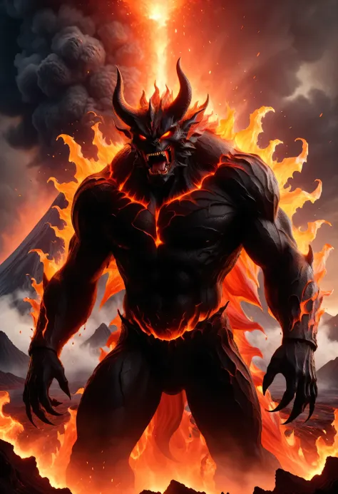 a huge lava demon bursts out of the mouth of a flaming volcano bursting a volcano, a lava demon bursting out of a volcano throws...