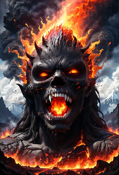 a huge lava demon bursts out of the mouth of a flaming volcano bursting a volcano, a lava demon bursting out of a volcano throws...