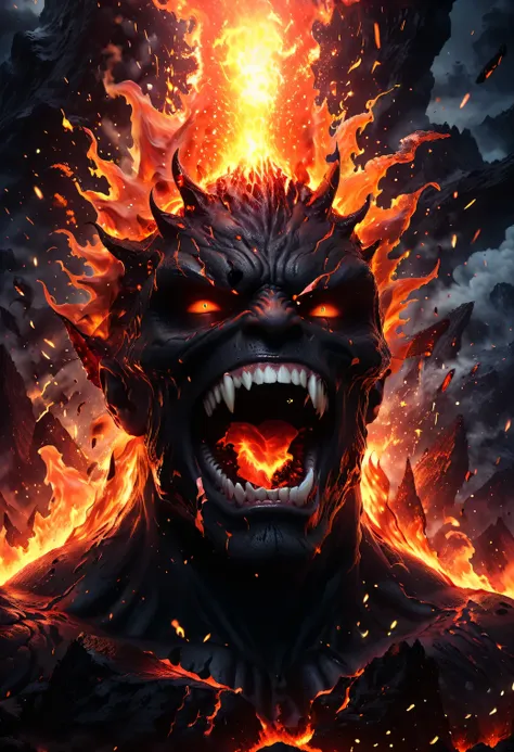 a huge lava demon bursts out of the mouth of a flaming volcano bursting a volcano, a lava demon bursting out of a volcano throws...