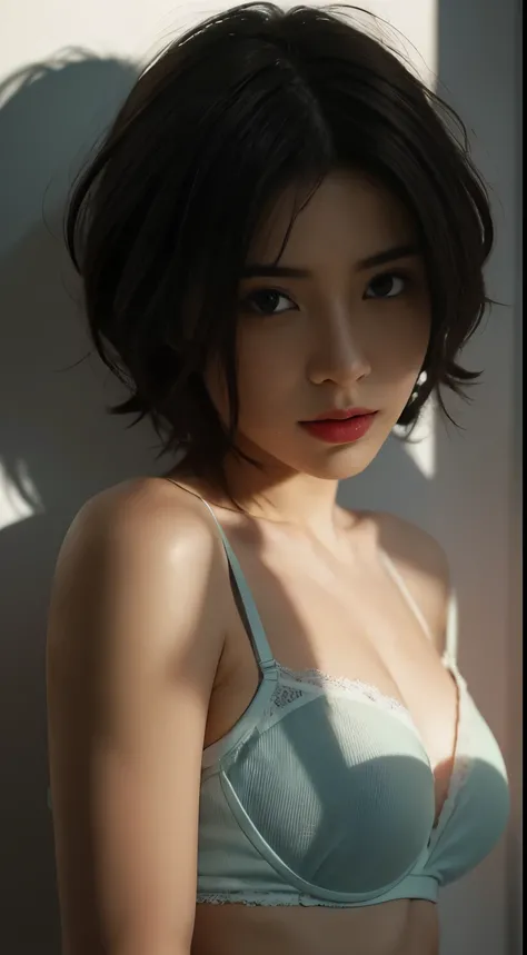 Best quality, masterpiece, ultra high res, (photorealistic:1.5), raw photo, 1girl, offshoulder, in the dark, deep shadow, low key, cold light, sexy look, short hair, smooth , blunge bra , strap, leaf shadow