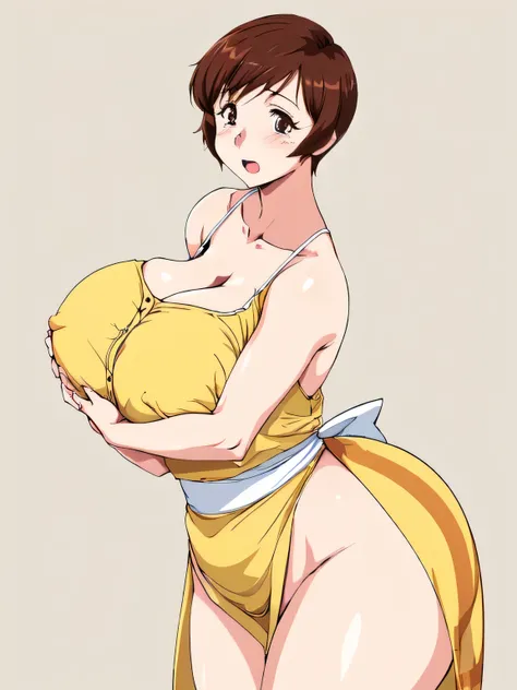 masterpiece, highest quality, High resolution, ((((1girl, solo)))), short hair, etsukoto, Big and ample breasts, cleavage, (Perfect beautiful yellow dress:1.4), ((White waist apron)), White panties, Screaming face with eyes closed, (((simple background))),...