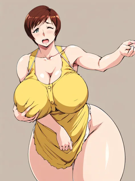 masterpiece, highest quality, High resolution, ((((1girl, solo)))), short hair, etsukoto, Big and ample breasts, cleavage, (Perfect beautiful yellow dress:1.4), ((White waist apron)), White panties, Screaming face with eyes closed, (((simple background))),...