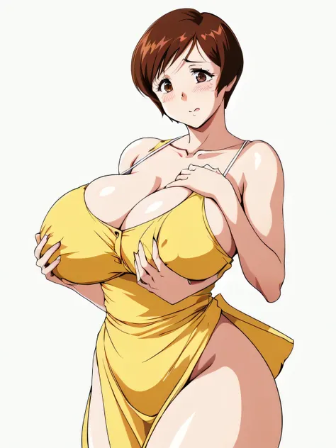 masterpiece, highest quality, High resolution, ((((1girl, solo)))), short hair, etsukoto, Big and ample breasts, cleavage, (Perfect beautiful yellow dress:1.4), ((White waist apron)), White panties, Crying facial expression, (((simple background))), Shiny ...