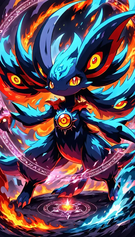 pokémon,evolutionary,demonic elements,lava elements,masterpiece,magic effects,magic circle,cool,masterpiece,highest quality