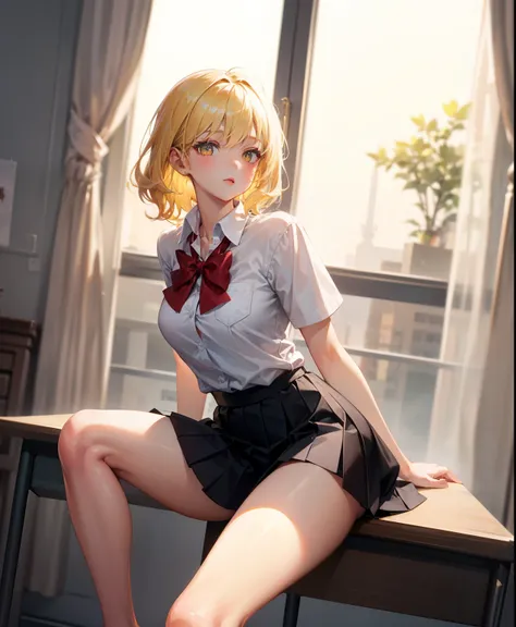 Dynamic posing, dynamic angle, Arrange pose,Top quality work，Show Legs，((short wavy Creamy Golden Blonde hair)),(Creamy Golden Blonde hair),(short hair),(golden eyes), lovely red lips, Rose cheeks, Pretty Face, A perfectly proportioned face, school shirt w...