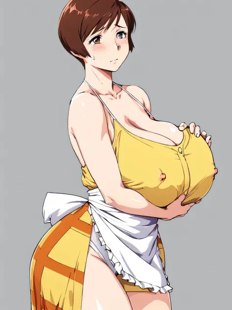 masterpiece, highest quality, High resolution, ((((1girl, solo)))), short hair, etsukoto, Big and ample breasts, cleavage, (Perfect beautiful yellow dress:1.4), ((White waist apron)), White panties, Crying facial expression, (((simple background))), Shiny ...