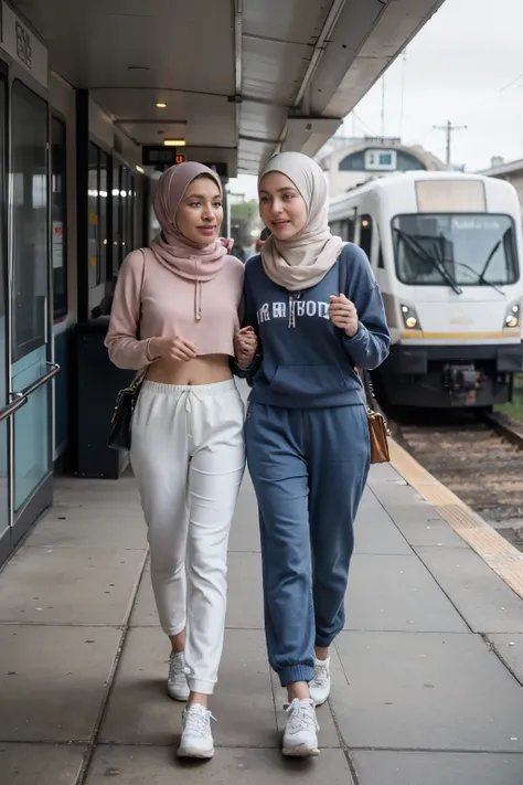 Cinematics photo full body,two stuning caucasian hijabi women,walking with elegance pose in front  of monorail train station in New Yorkwhile carrying shopie bag ,wearing big white sleep pants,blue light hoodie designer Valentino Garavani,wearing Adidas Sa...