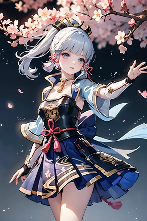 masterpiece, highest quality, ((kamisato ayaka_Genshin Impact)),((1girl,long hair,blue hair,ponytail,hair ribbon, hair ornament,mole under eye, blue eyes,breastplate,armor, short sleeves,japanese clothes,blue skirt, tassel,gloves, arm guards,))Ample breast...