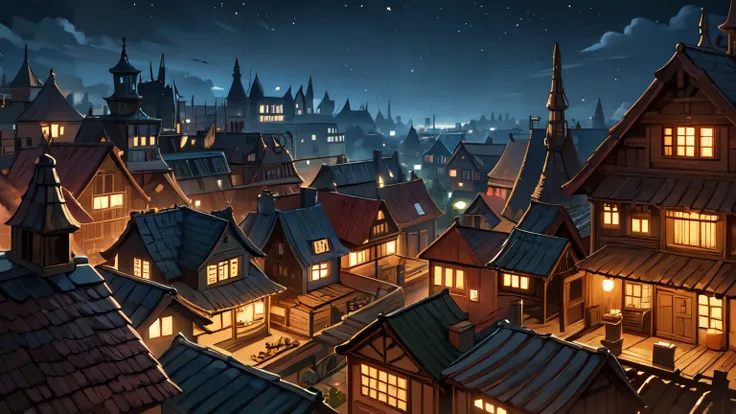 Fantasy City, night, Wooden houses, slums, wooden old houses, night