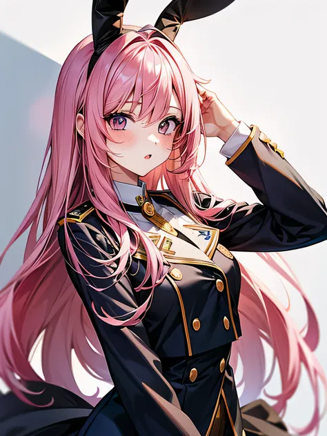 Pink hair long hair，Bunny ears，beautiful girl，18-year-old，uniform，cute