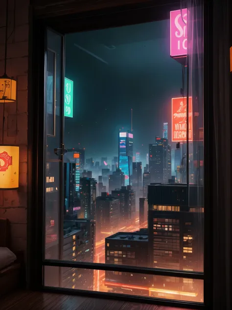 Generate a warm, cozy interior with a large window directly across from the camera. The room is soft and sweet, offering a sanctuary from the busy details of everyday life. Through the window is a massive cyberpunk cityscape with neon lights, highly detail...